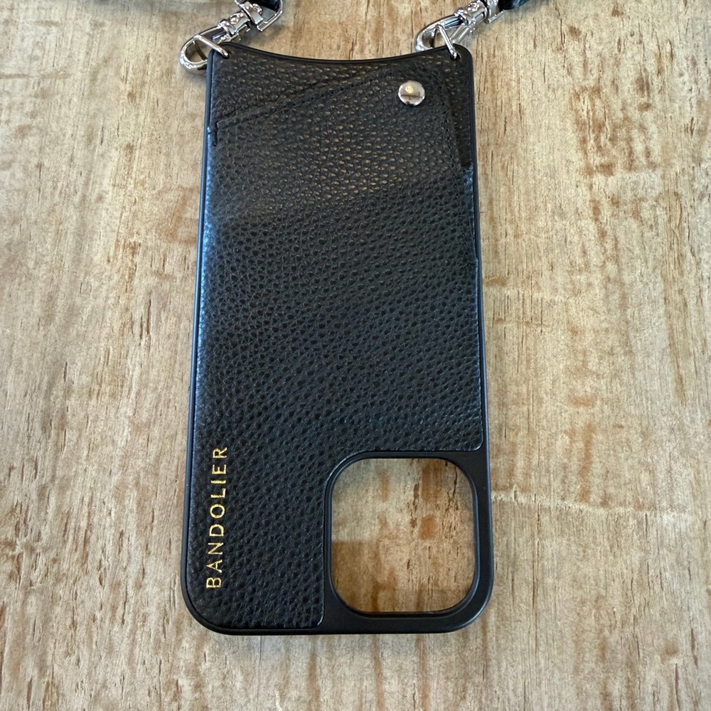Bandolier Black Leather Crossbody Phone Case with Gold Logo I phone 13 pro max